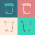 Pop art line Trash can icon isolated on color background. Garbage bin sign. Recycle basket icon. Office trash icon