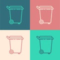 Pop art line Trash can icon isolated on color background. Garbage bin sign. Recycle basket icon. Office trash icon