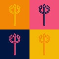 Pop art line Trident devil icon isolated on color background. Happy Halloween party. Vector Royalty Free Stock Photo