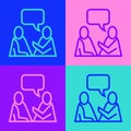 Pop art line Two sitting men talking icon isolated on color background. Speech bubble chat. Message icon. Communication Royalty Free Stock Photo