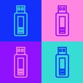 Pop art line USB flash drive icon isolated on color background. Vector Royalty Free Stock Photo