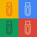 Pop art line USB flash drive icon isolated on color background. Vector Royalty Free Stock Photo