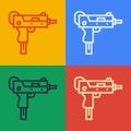 Pop art line UZI submachine gun icon isolated on color background. Automatic weapon. Vector