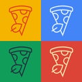 Pop art line Vegan pizza slice icon isolated on color background. Vector