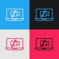 Pop art line Video camera Off on laptop screen icon isolated on color background. No video. Vector Royalty Free Stock Photo