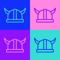 Pop art line Viking in horned helmet icon isolated on color background. Vector