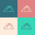 Pop art line Volcano eruption with lava icon isolated on color background. Vector