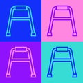 Pop art line Walker for disabled person icon isolated on color background. Vector Royalty Free Stock Photo