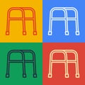 Pop art line Walker for disabled person icon isolated on color background. Vector