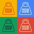 Pop art line Weight icon isolated on color background. Kilogram weight block for weight lifting and scale. Mass symbol