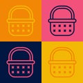 Pop art line Wicker basket icon isolated on color background. Vector