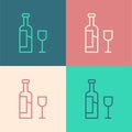 Pop art line Wine bottle with glass icon isolated on color background. Vector Royalty Free Stock Photo