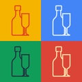 Pop art line Wine bottle with glass icon isolated on color background. Vector Royalty Free Stock Photo