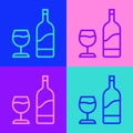 Pop art line Wine bottle with glass icon isolated on color background. Vector Royalty Free Stock Photo