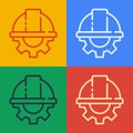 Pop art line Worker safety helmet and gear icon isolated on color background Royalty Free Stock Photo