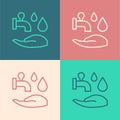 Pop art line Wudhu icon isolated on color background. Muslim man doing ablution. Vector