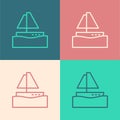 Pop art line Yacht sailboat or sailing ship icon isolated on color background. Sail boat marine cruise travel. Vector