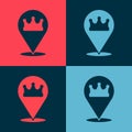 Pop art Location king crown icon isolated on color background. Vector