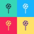 Pop art Lollipop icon isolated on color background. Candy sign. Food, delicious symbol. Vector Royalty Free Stock Photo