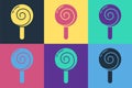 Pop art Lollipop icon isolated on color background. Food, delicious symbol. Vector Royalty Free Stock Photo