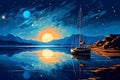 A Pop Art of Lonely yacht in calm ocean, full moon