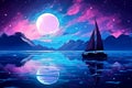 A Pop Art of Lonely yacht in calm ocean, full moon