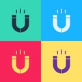 Pop art Magnet icon isolated on color background. Horseshoe magnet, magnetism, magnetize, attraction. Vector