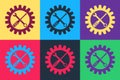 Pop art Maintenance symbol - screwdriver, spanner and cogwheel icon isolated on color background. Service tool symbol