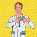 Pop Art Male Corrupt Doctor Put Money into Pocket. Corruption Concept Royalty Free Stock Photo