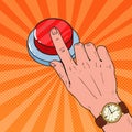 Pop Art Male Hand Pressing a Big Red Button. Emergency Call Royalty Free Stock Photo