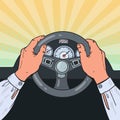 Pop Art Male Hands Steering Car Wheel. Safe Driving