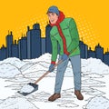 Pop Art Man Clearing Snow with Shovel. Winter Snowfall in the City Royalty Free Stock Photo