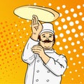 Pop art man cook pizza. Chef tossing pizza dough. Comic book style imitation. Vintage retro style. conceptual