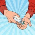 Pop Art Man Holding Bottle with Medical Drugs. Male Hands with Pills. Pharmaceutical Supplement