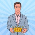 Pop Art Man Holding Golden Crown. Firts Place Winner, Coronation Ceremony