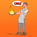 Pop Art Man in the Kitchen Holding Pan. Afraid Young Guy in Apron Cooking with Burning Pan