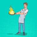 Pop Art Man in the Kitchen Holding Pan. Afraid Young Guy in Apron Cooking with Burning Pan