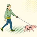 Pop art man walking a mini pig. Raster of an imitation comic style, retro.