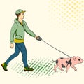 Pop art man walking a mini pig. Vector of an imitation comic style, retro.