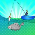 Pop art man who fishing in open sea. Fishing cartoon. Fisherman in boat pulling fish. Raster Image Comic book style Royalty Free Stock Photo