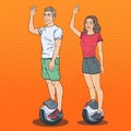 Pop Art Man and Woman Riding Solowheel. Self-Balancing Electric Scooter Royalty Free Stock Photo