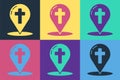 Pop art Map pointer with christian cross icon isolated on color background. Vector Royalty Free Stock Photo