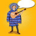 Pop Art Mariachi Mexican Man in Poncho and Sombrero Playing Guitar