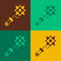 Pop art Medieval chained mace ball icon isolated on color background. Morgenstern medieval weapon or mace with spikes