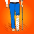 Pop art men legs in plaster, cane and support. Rehabilitation means. Raster imitation comic style.