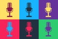 Pop art Microphone icon isolated on color background. On air radio mic microphone. Speaker sign. Vector