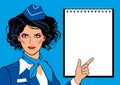 Pop art mock-up of a beautiful girl stewardess in uniform and empty blank for text