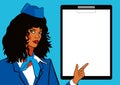 Pop art mockup stewardess and blank sheet for text. Beautiful girl with thick black hair in uniform