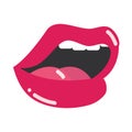 Pop art mouth and lips, open sexy wet red lips with teeth, flat icon design