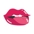 Pop art mouth and lips, sexy women lips tongue out retro style, flat icon design